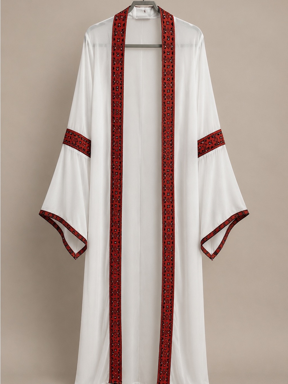 White Open-Front Kimono Coat with Red Embroidered Trim
